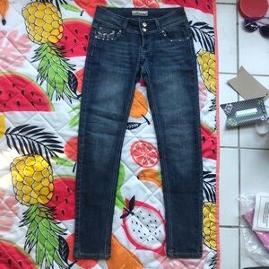 Y2K low waisted Dark wash skinny jeans with silver studs